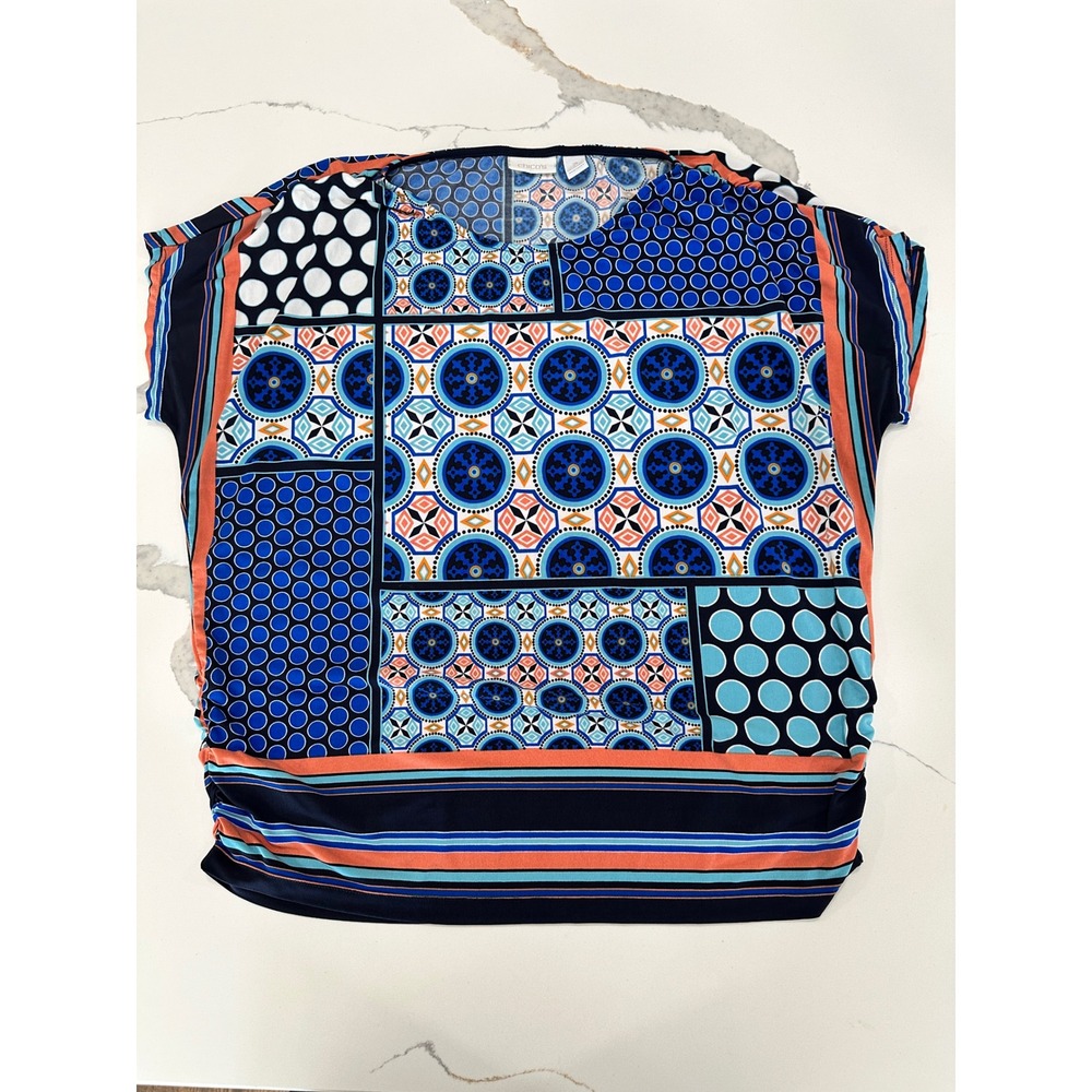 Chicos Geometric Patchwork Print‎ Blouse Blue Orange Short Sleeve Top Size 2 L